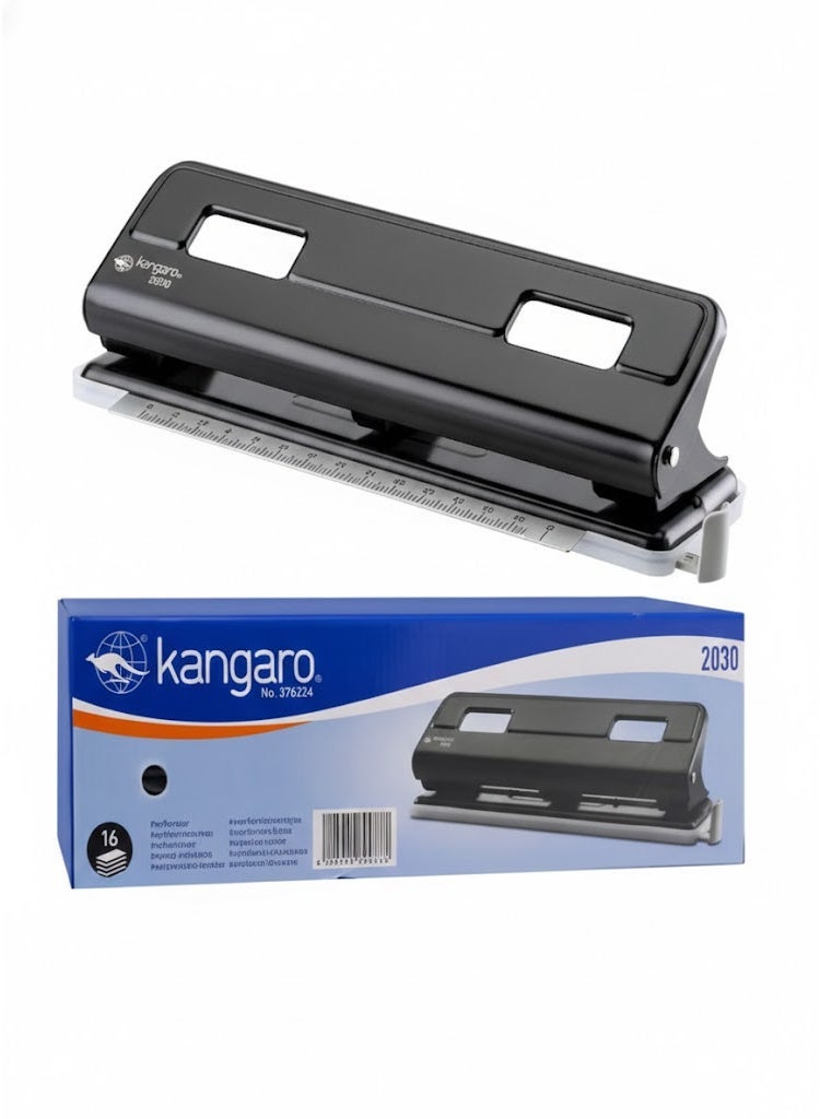 Kangaro 2030 Metal 3-Hole Paper Punch – 16 Sheets Capacity, Removable Chip Tray - Image 1